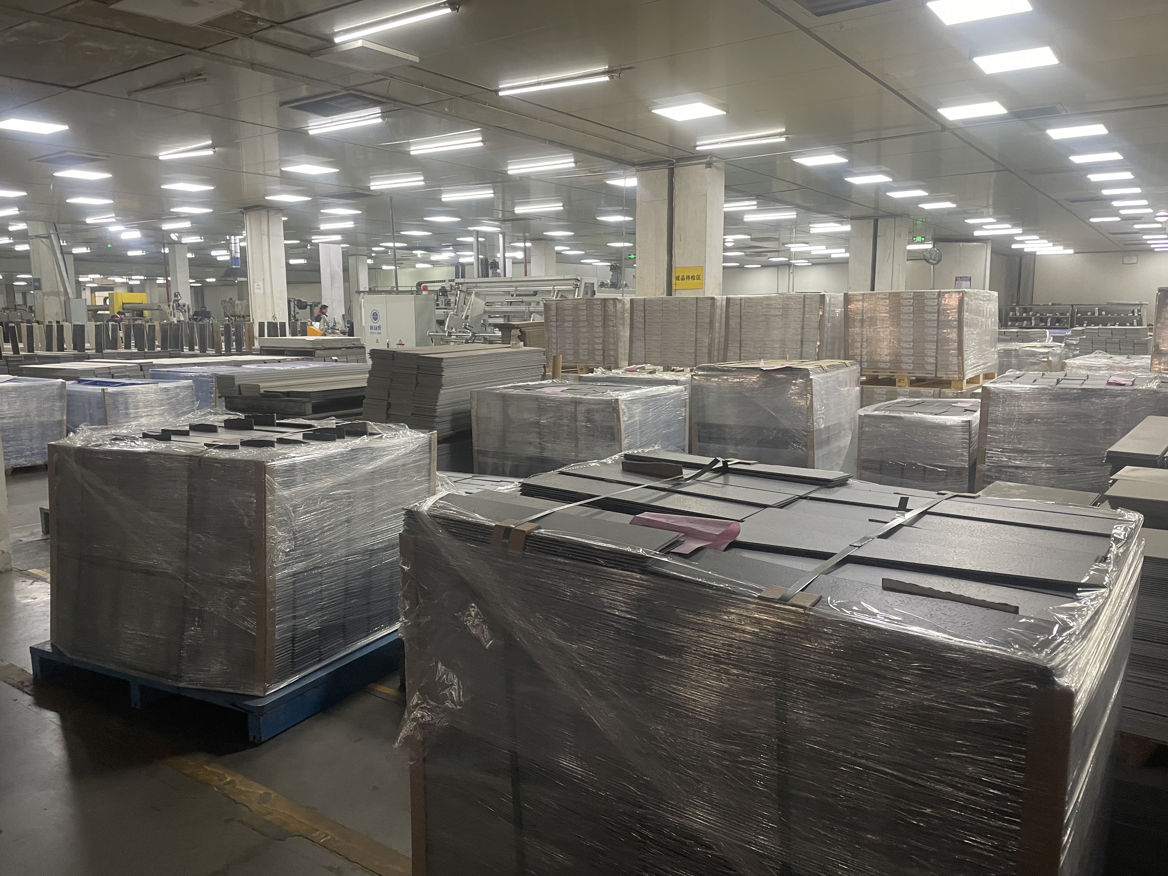 Wrapped finished building-material products stored in the warehouse