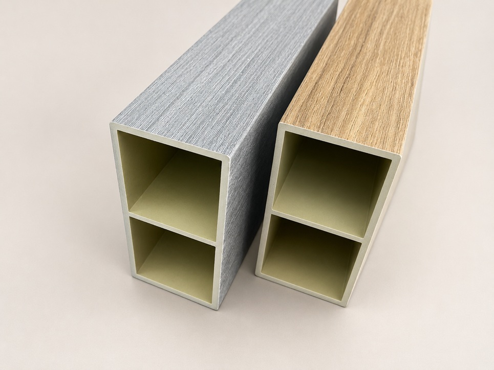 Decorative Square Tubes Hollow rectangular decorative profiles in silver and light wood-grain finishes by Home Plus Materials