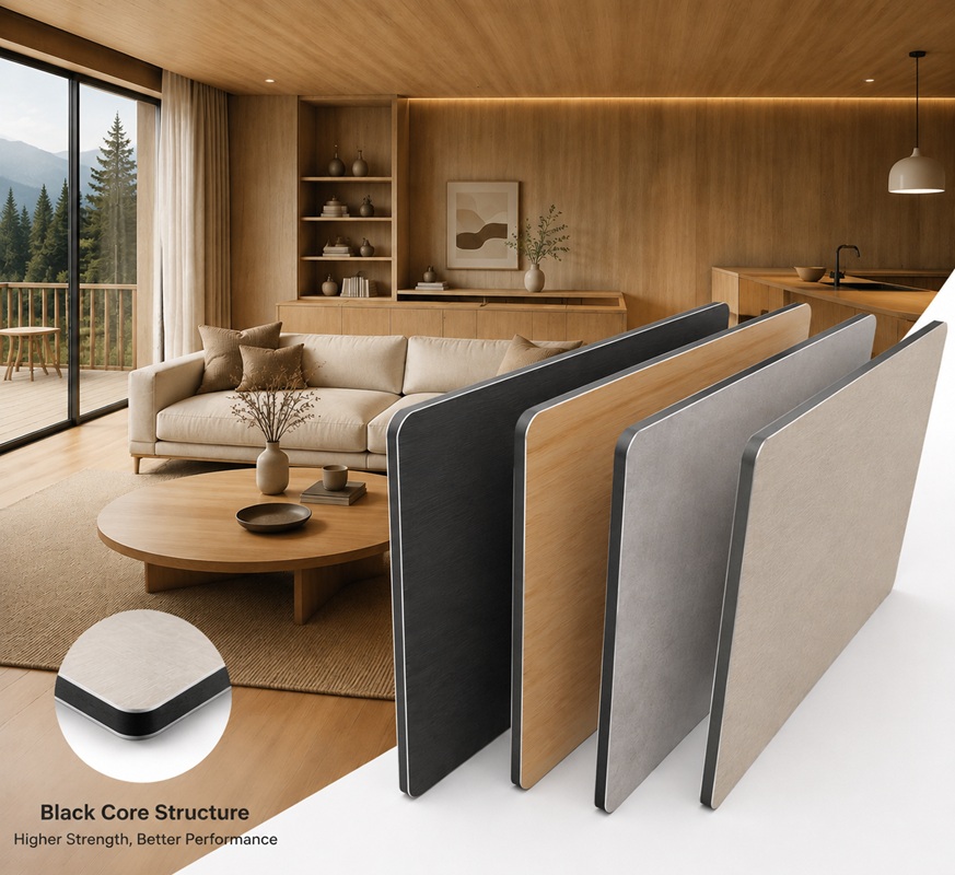 Interior Application and Colour Options Black-core decorative boards in wood, charcoal, grey and light neutral finishes for modern interiors by Home Plus Materials