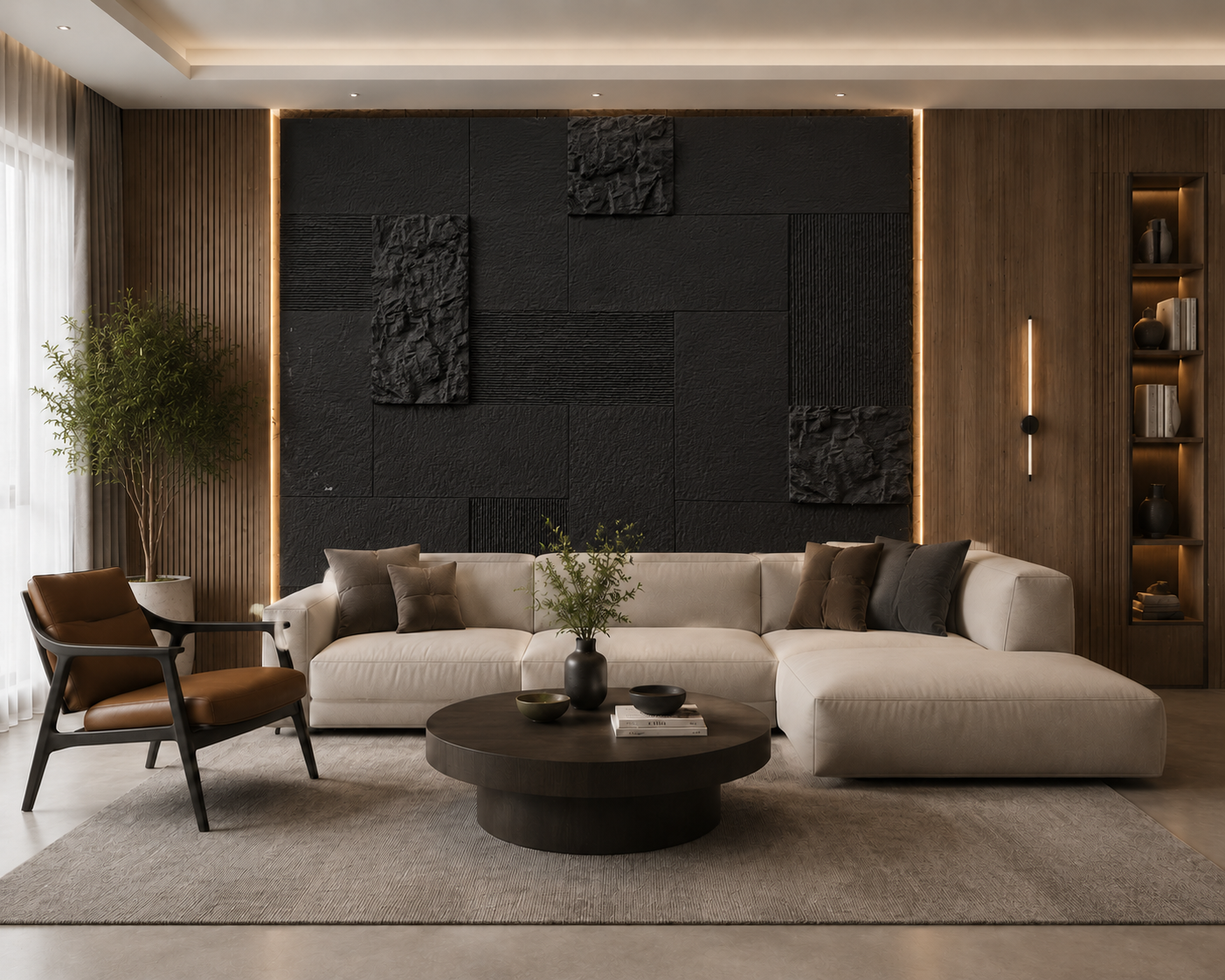 Black PU Stone Application Three-dimensional feature wall installation in a modern living room by Home Plus Materials