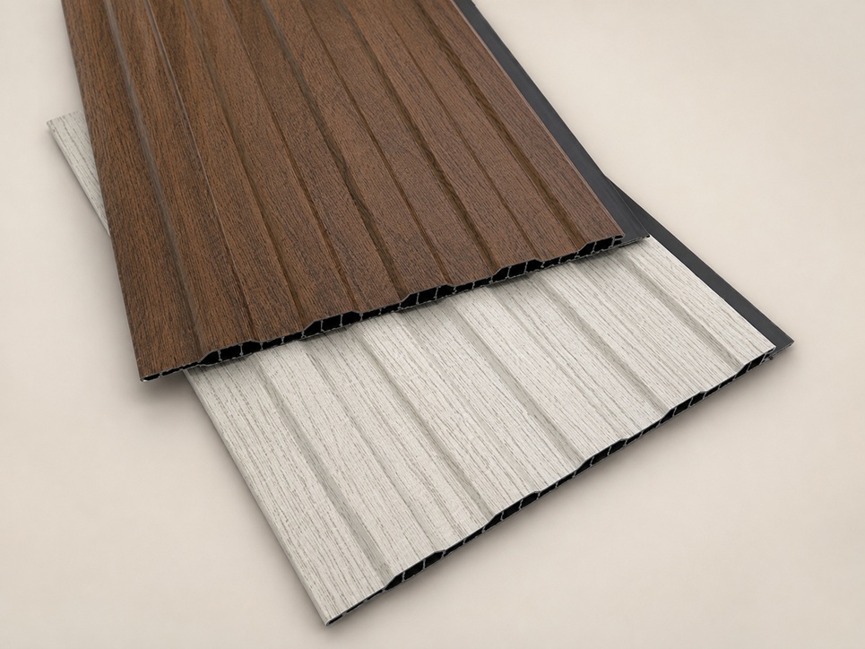 200 x 8 mm Grooved wood-grain laminated PVC ceiling panel by Home Plus Materials