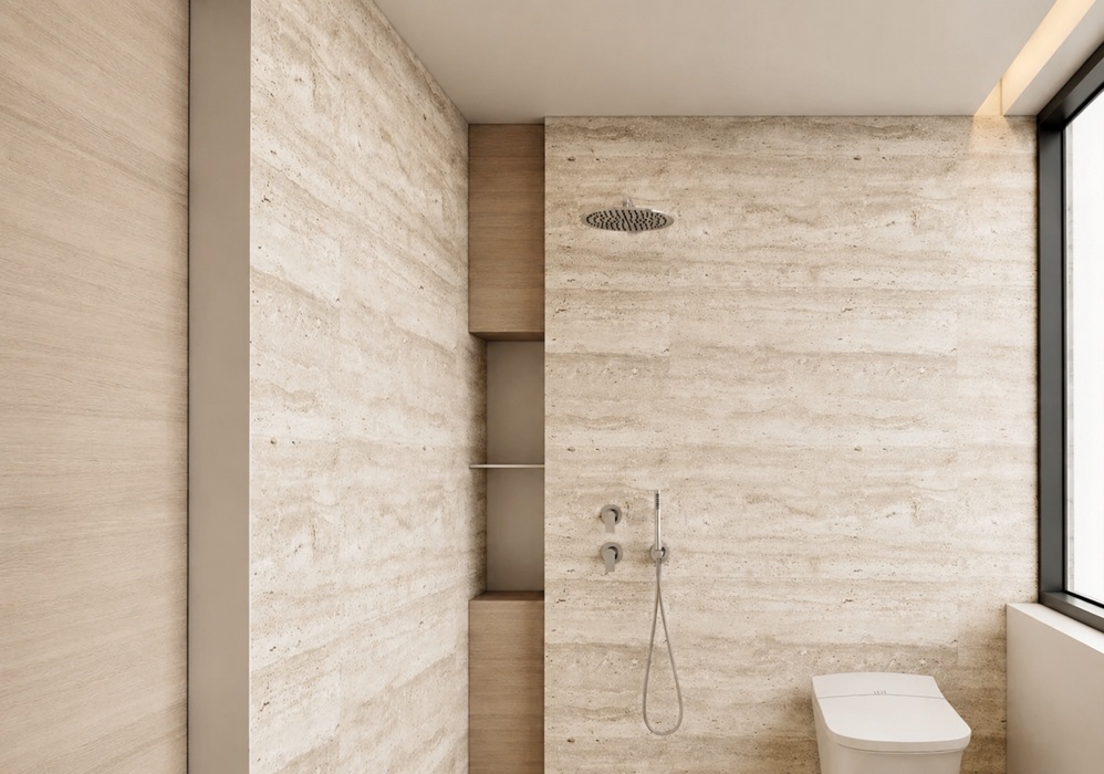 Stone-Series Wall Application Stone-finish PVC wall panels for moisture-prone interior spaces by Home Plus Materials