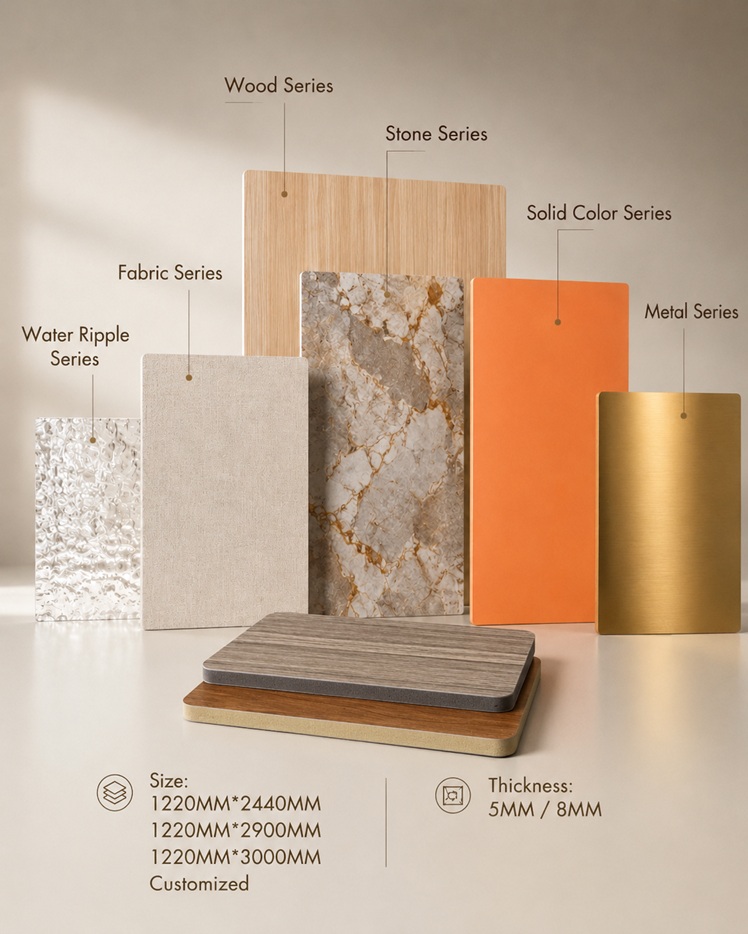 Decorative Finish Collection Water ripple, fabric, wood, stone, solid-colour and metal series; 5 mm and 8 mm thickness options by Home Plus Materials