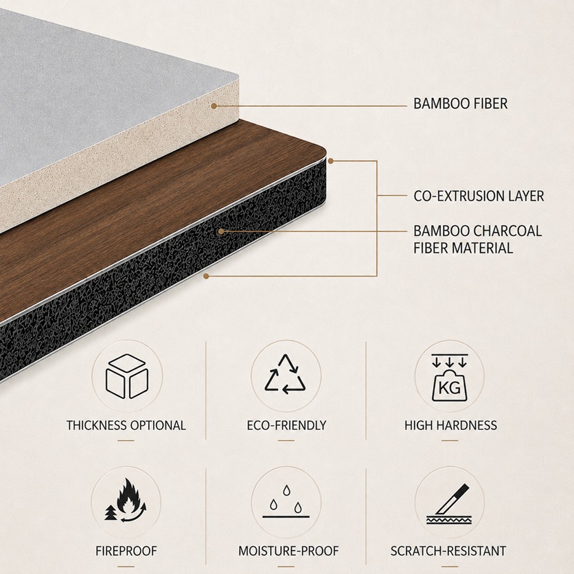 Panel Material Structure Bamboo-fibre and bamboo-charcoal co-extrusion options with high hardness and moisture resistance by Home Plus Materials