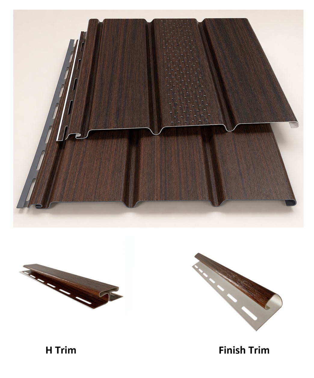 Ventilated Soffit Panel and Trims Dark wood-grain ventilated soffit panel supplied with coordinated H trim and finish trim by Home Plus Materials