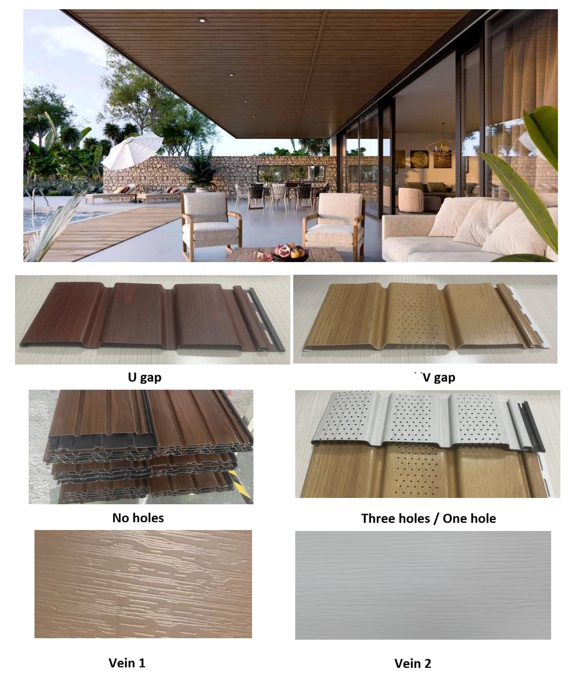 Soffit System Options Exterior ceiling application with U-gap and V-gap profiles, solid or ventilated panels, and two surface-grain options by Home Plus Materials