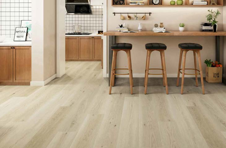 Light Oak Application Natural light-oak SPC flooring for kitchen and dining spaces by Home Plus Materials