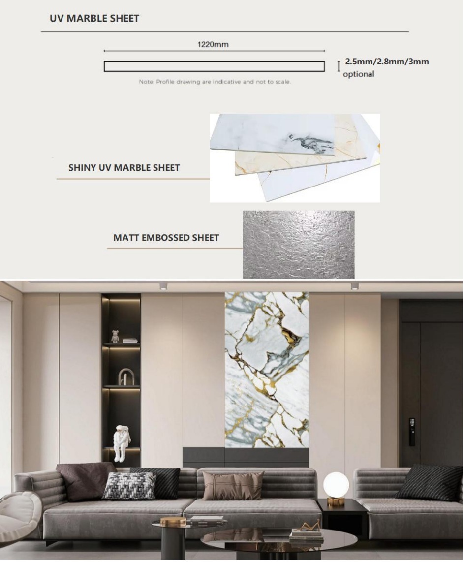 UV Marble Sheet Specification 1220 mm width with optional 2.5 mm, 2.8 mm and 3 mm thickness; shiny and matt embossed surfaces by Home Plus Materials