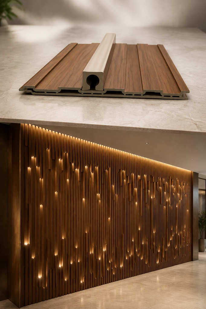 Integrated Lighting Application Fluted wall panel profile designed for decorative linear lighting by Home Plus Materials