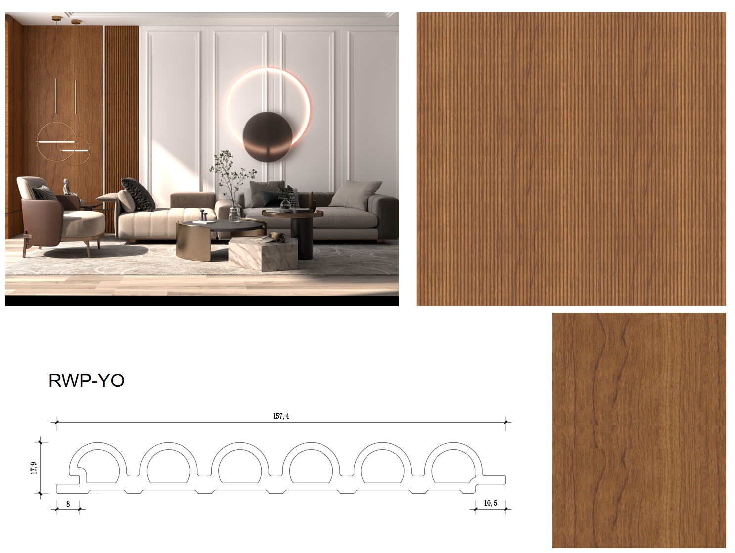 RWP-YO 157.4 mm wide rounded fluted profile in warm wood grain by Home Plus Materials